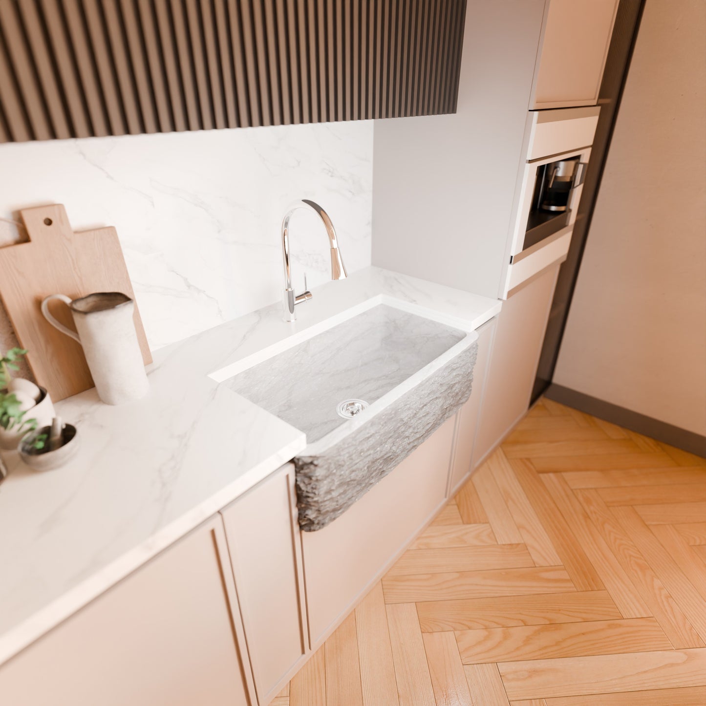 Single Bowl Kitchen Sink in Carrara White Marble with Natural Chiseled Apron - NKS-SBNCW