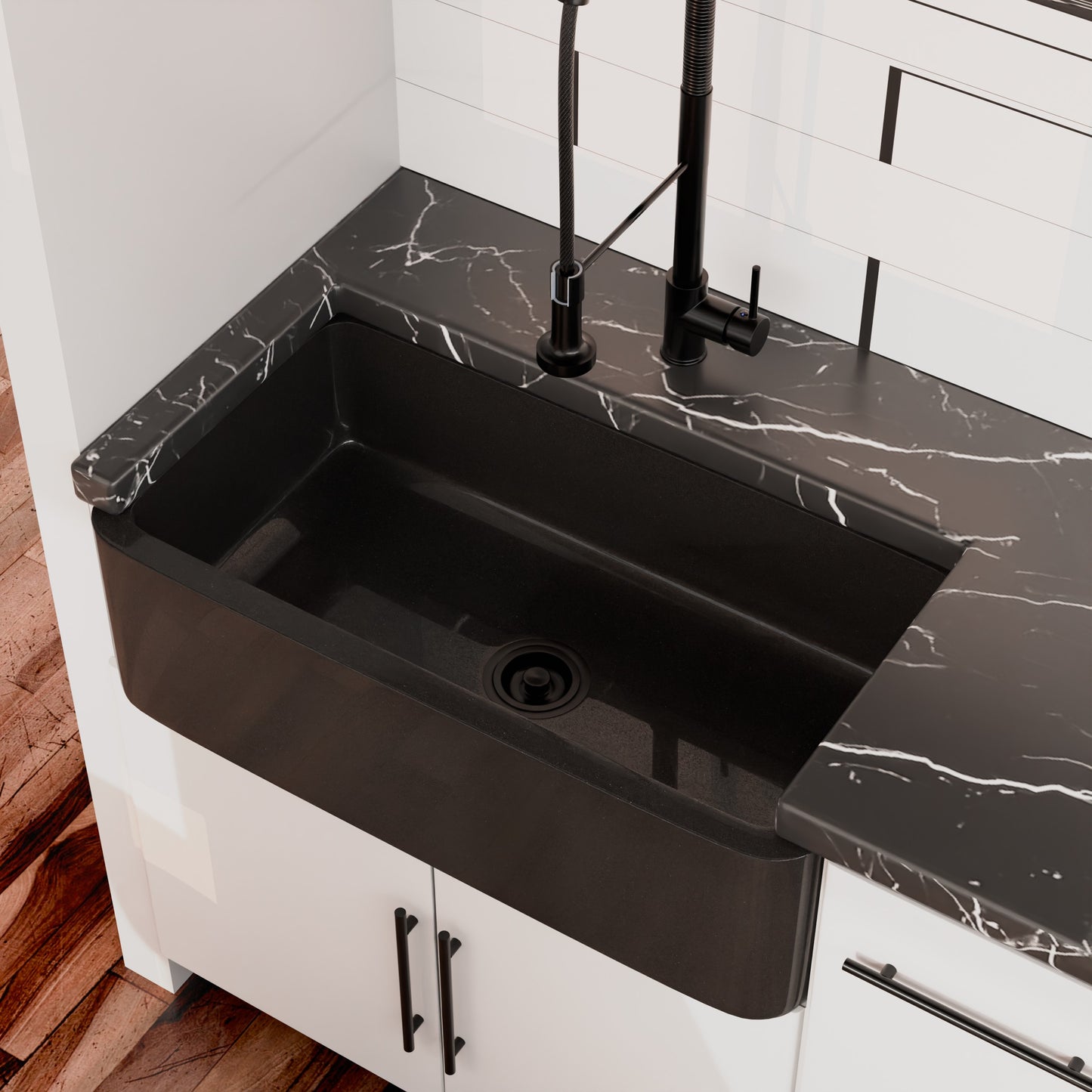 Single Bowl Kitchen Sink in Absolute Black Granite with Polished Apron - NKS-SBPAN