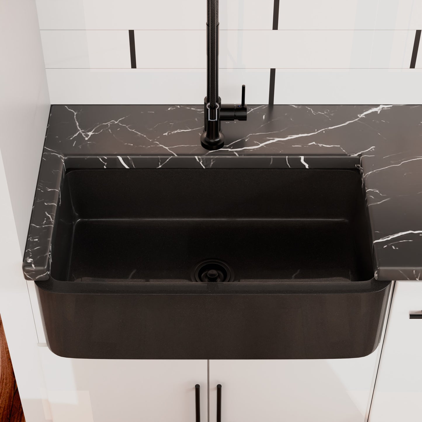 Single Bowl Kitchen Sink in Absolute Black Granite with Polished Apron - NKS-SBPAN