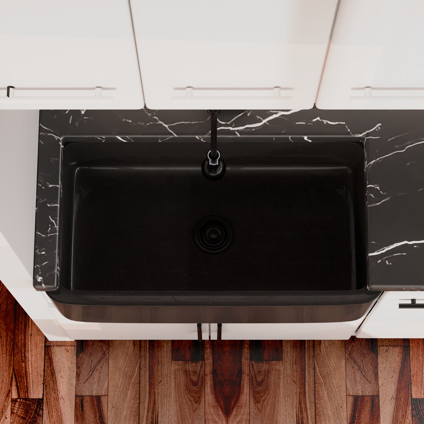 Single Bowl Kitchen Sink in Absolute Black Granite with Polished Apron - NKS-SBPAN