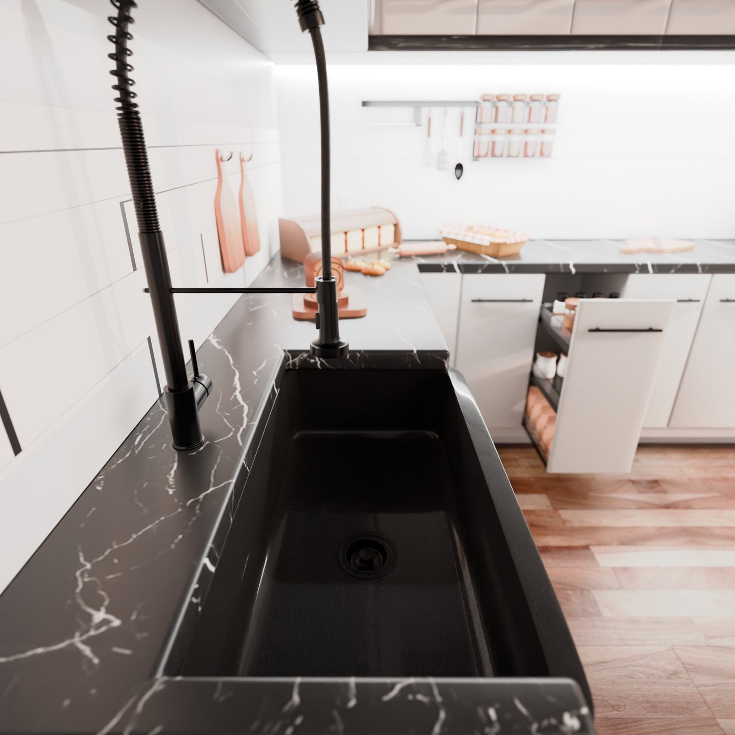 Single Bowl Kitchen Sink in Absolute Black Granite with Polished Apron - NKS-SBPAN