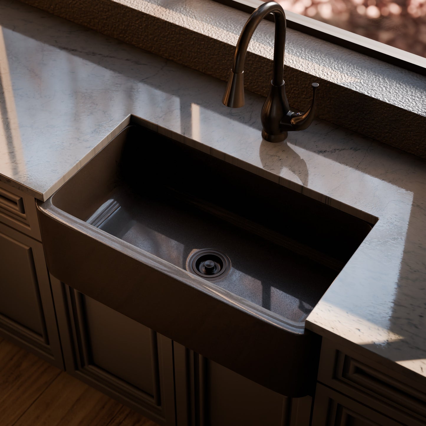 Single Bowl Kitchen Sink in Absolute Black Granite with Polished Apron - NKS-SBPAN