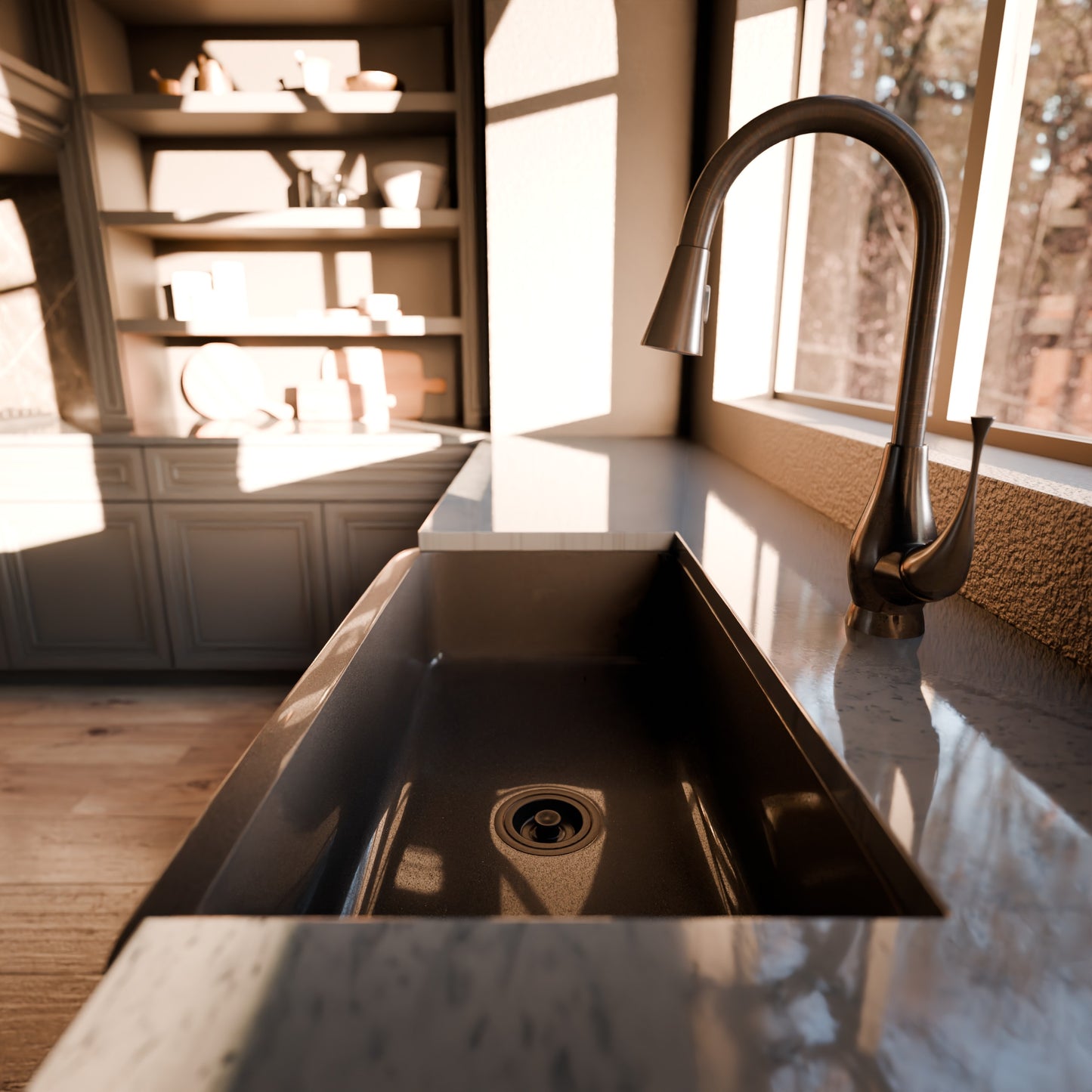 Single Bowl Kitchen Sink in Absolute Black Granite with Polished Apron - NKS-SBPAN