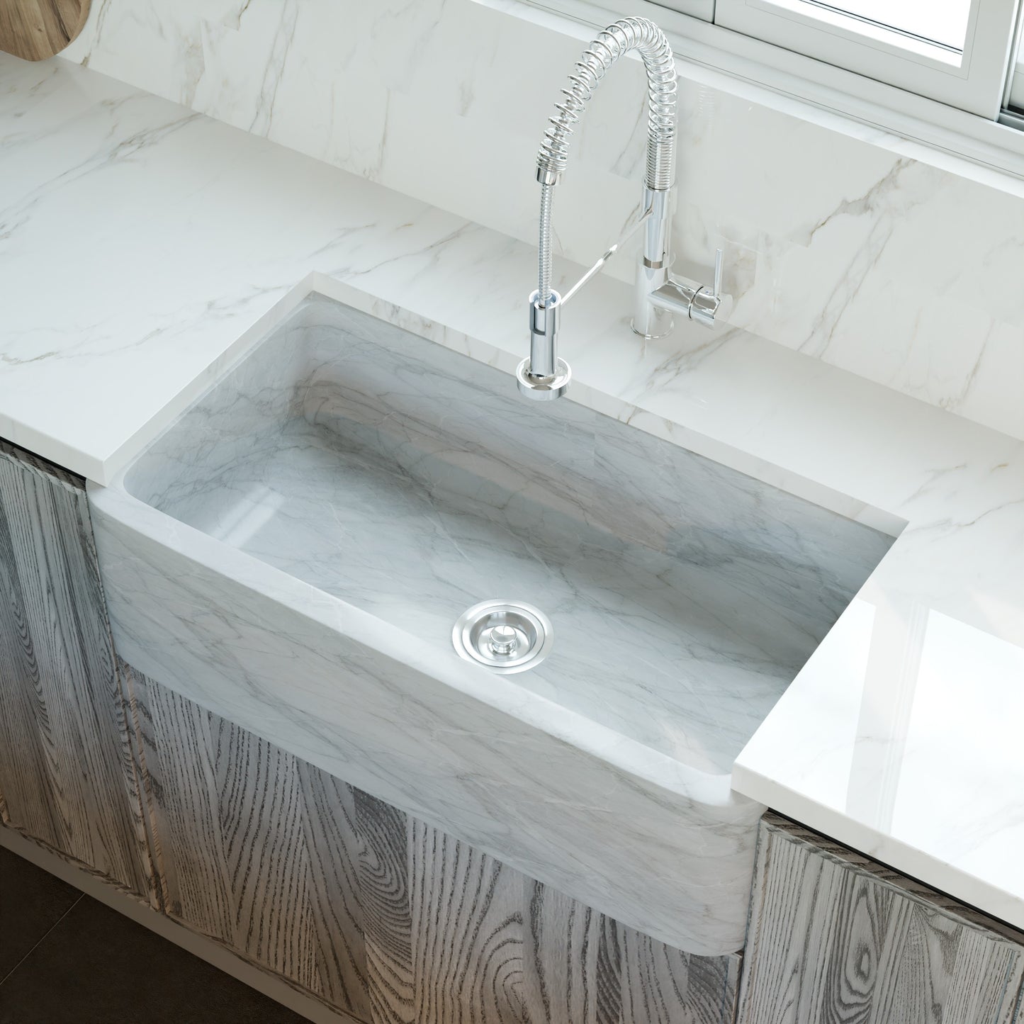 Single Bowl Kitchen Sink in Carrara White Marble with Polished Apron - NKS-SBPCW