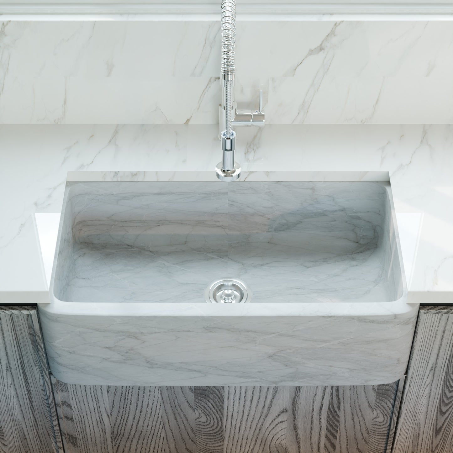 Single Bowl Kitchen Sink in Carrara White Marble with Polished Apron - NKS-SBPCW