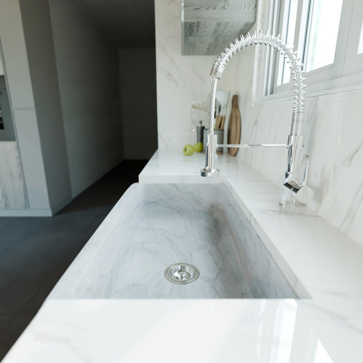 Single Bowl Kitchen Sink in Carrara White Marble with Polished Apron - NKS-SBPCW