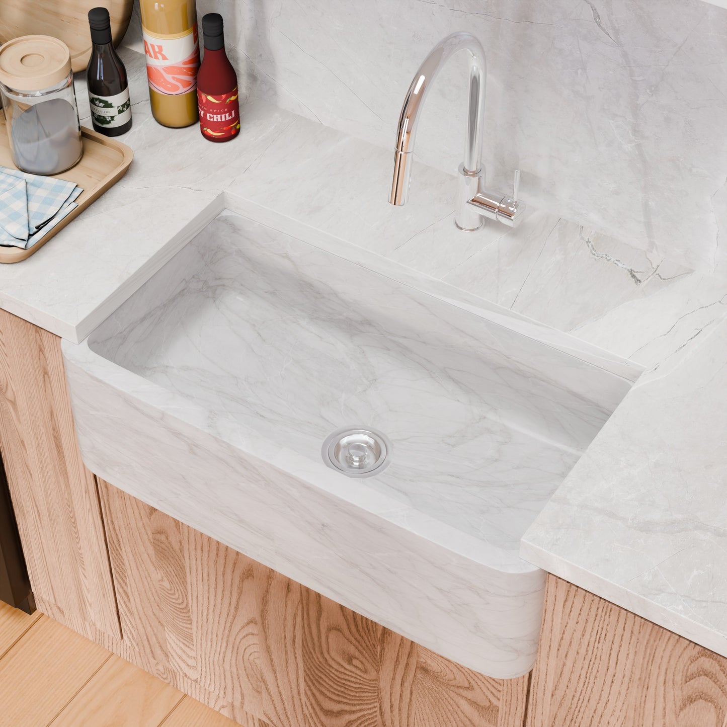 Single Bowl Kitchen Sink in Carrara White Marble with Polished Apron - NKS-SBPCW