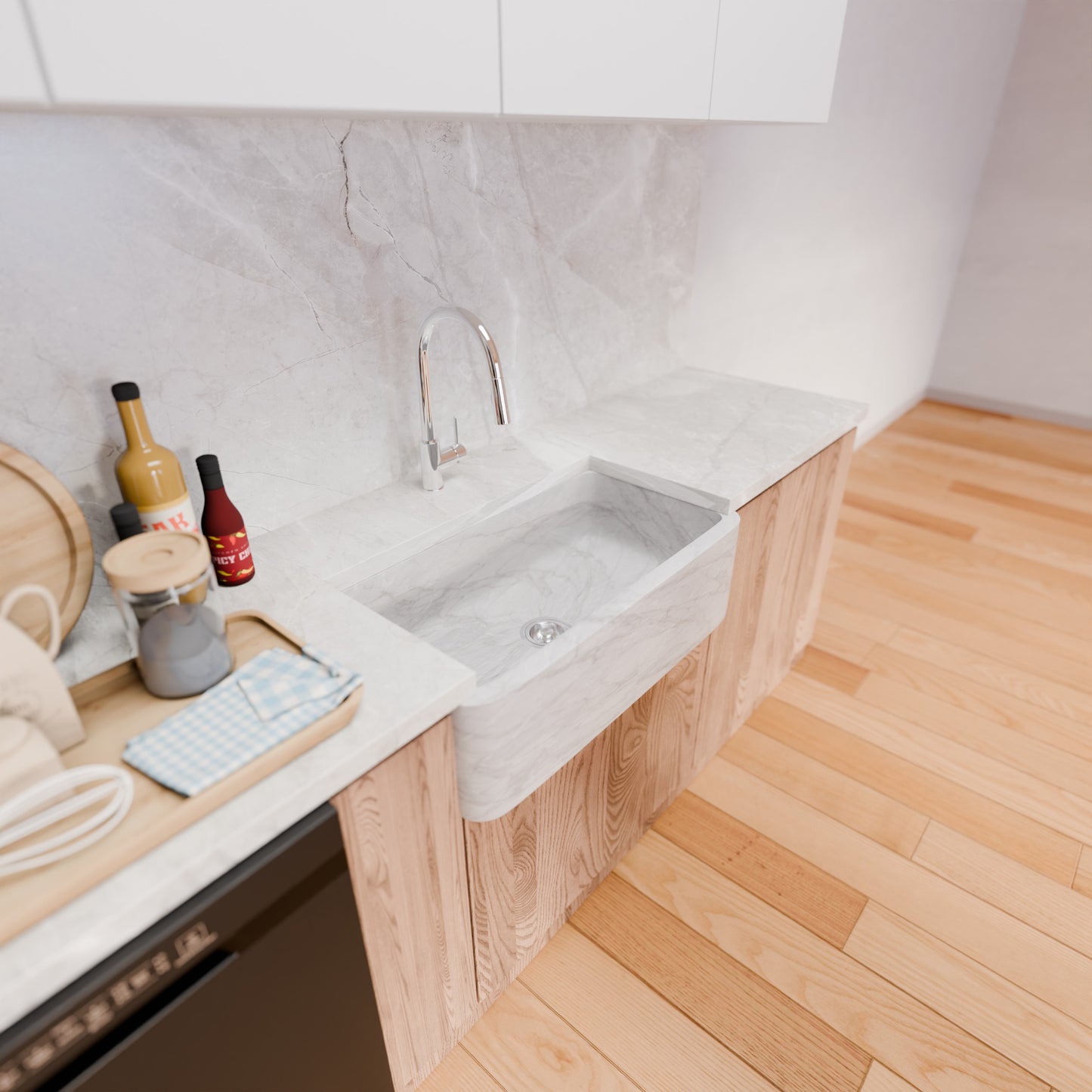 Single Bowl Kitchen Sink in Carrara White Marble with Polished Apron - NKS-SBPCW