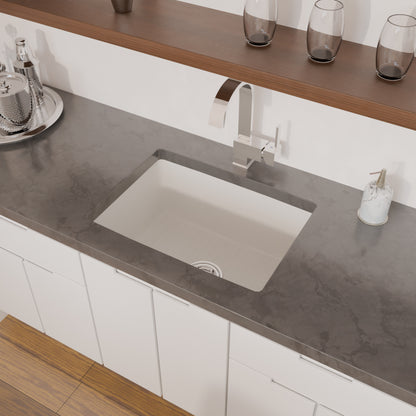 Novatto StoneCore Alpine White 24-inch single bowl bar sink with sleek design, shown with matching faucet and accessories.