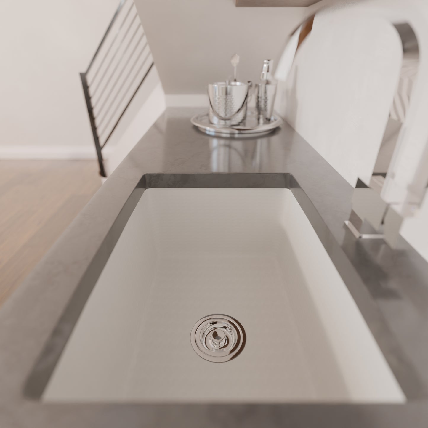 Novatto StoneCore Alpine White 24-inch single bowl bar sink with sleek design, shown in a modern kitchen setting.