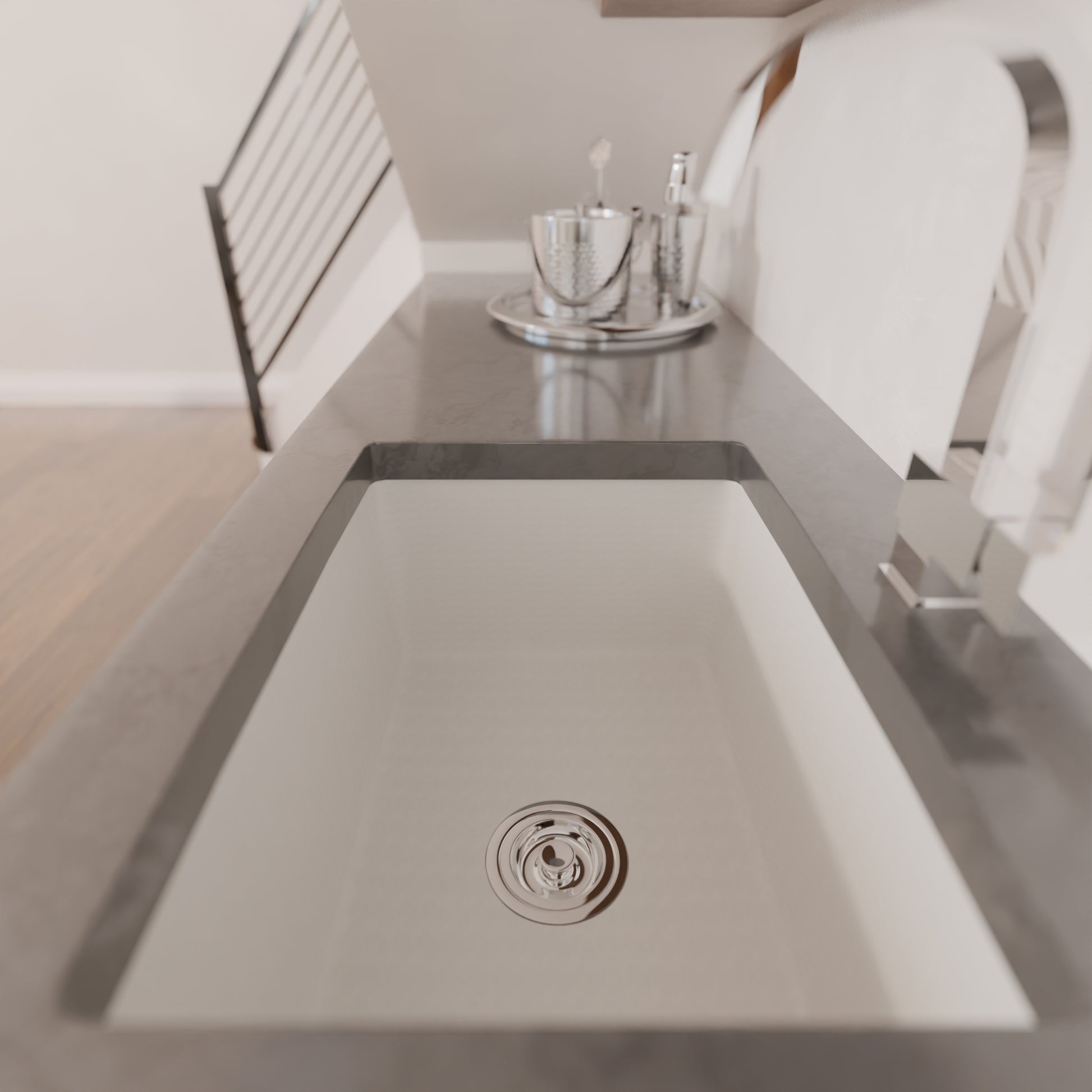 Novatto StoneCore Alpine White 24-inch single bowl bar sink with sleek design, shown in a modern kitchen setting.
