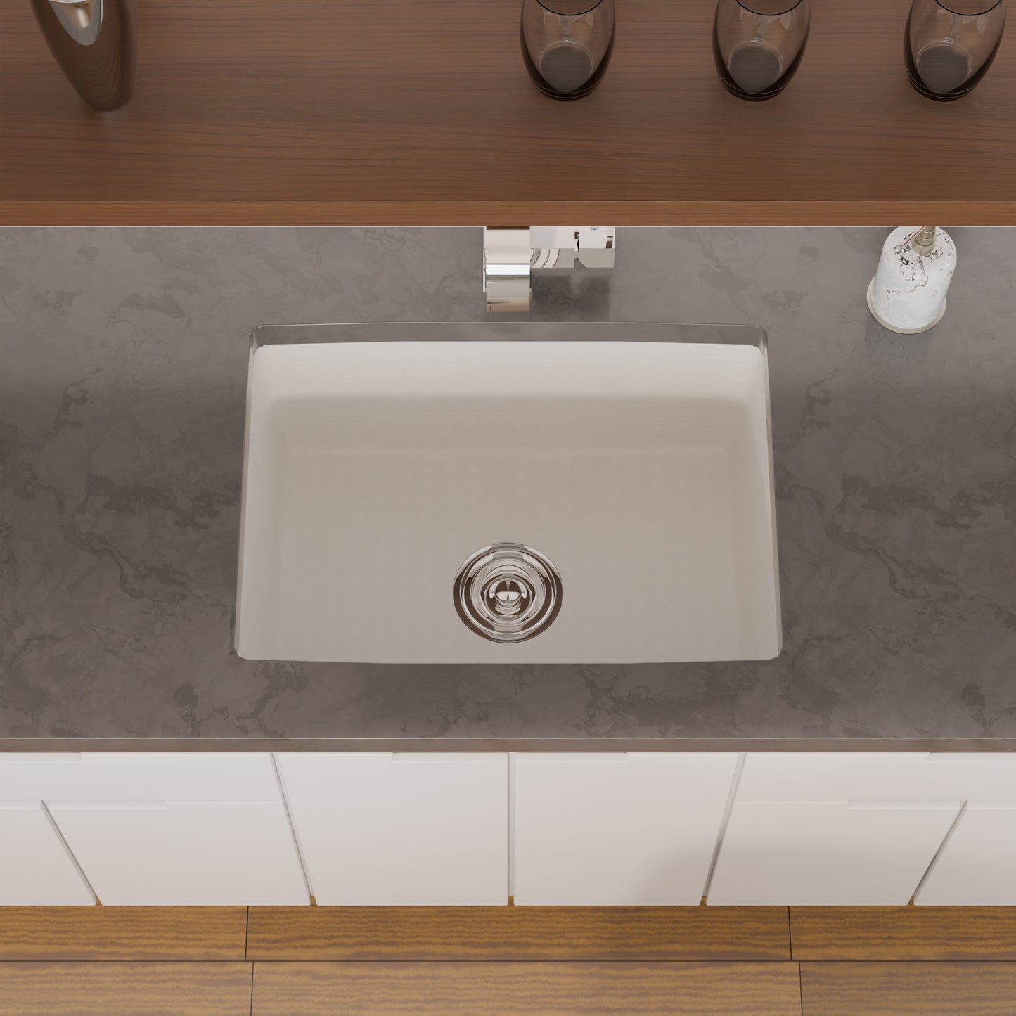Novatto StoneCore Alpine White 24-inch single bowl bar sink with sleek white finish, ideal for kitchen or bar installation.