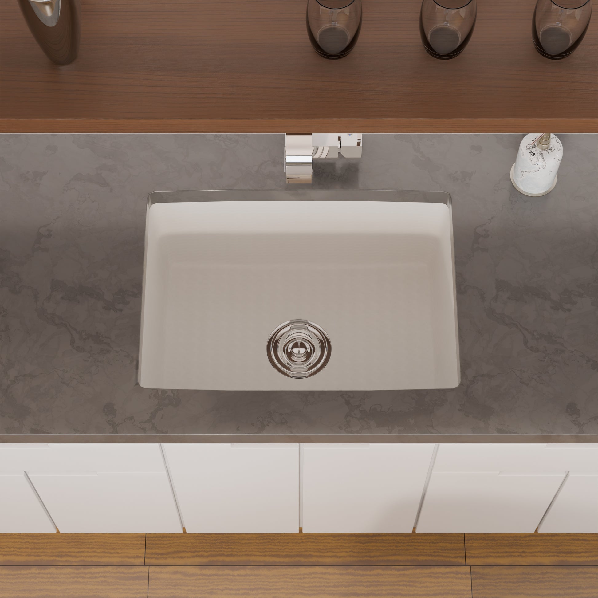 Novatto StoneCore Alpine White 24-inch single bowl bar sink with sleek white finish, ideal for kitchen or bar installation.
