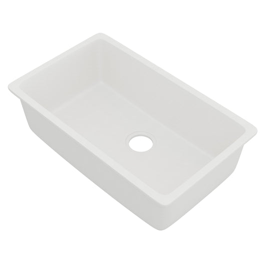 StoneCore 30-inch single bowl kitchen sink by Novatto in Alpine White, with smooth interior and durable ceramic finish.