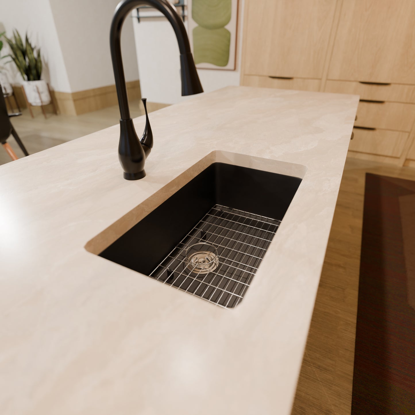 Novatto StoneCore 30-inch black single bowl kitchen sink with modern design, shown with included accessories.