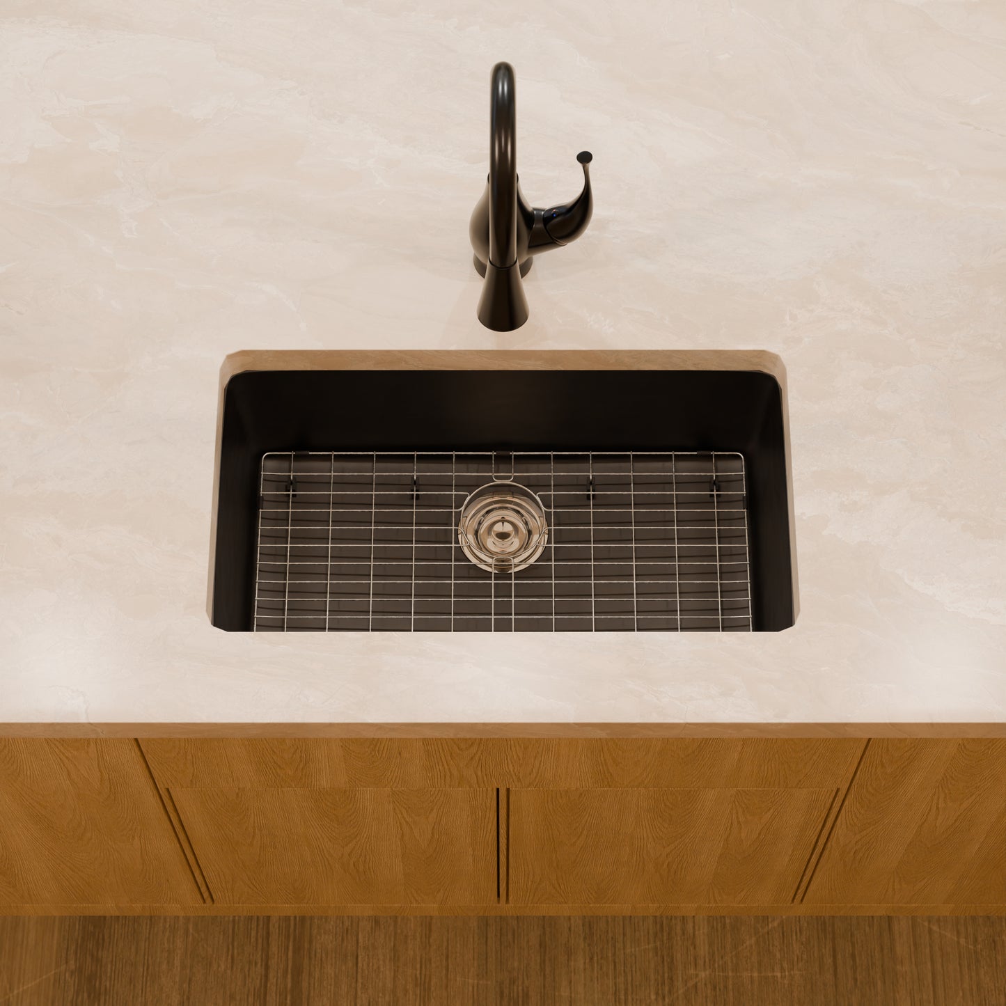 Novatto StoneCore 30-inch black single bowl kitchen sink with modern design and durable finish, shown with accessories and beauty set.