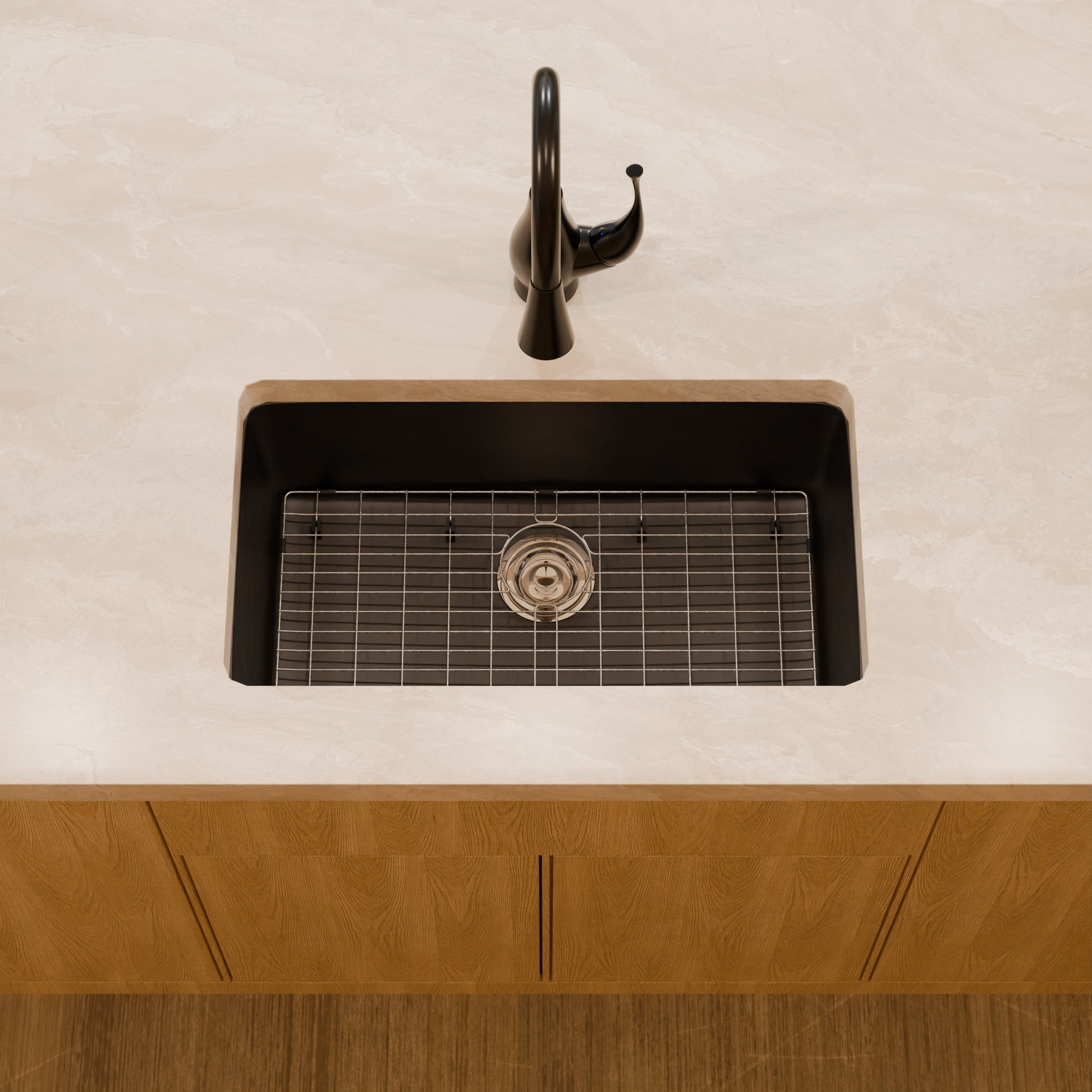Novatto StoneCore 30-inch black single bowl kitchen sink with modern design and durable finish, shown with accessories and beauty set.