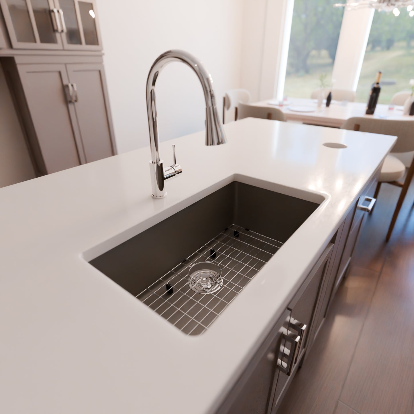 Novatto StoneCore 30-inch single bowl kitchen sink in Granite Ash with included faucet and accessories, showcasing durable granite surface.