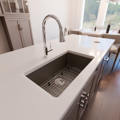 Novatto StoneCore 30-inch single bowl kitchen sink in Granite Ash with included faucet and accessories, showcasing durable granite surface.