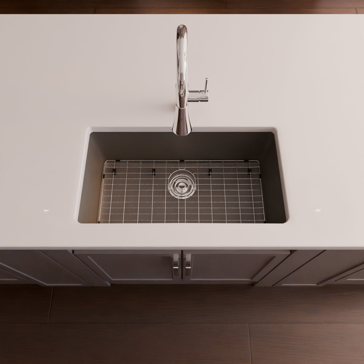 Novatto StoneCore 30-inch single bowl granite kitchen sink in ash color with included faucet and installation kit.