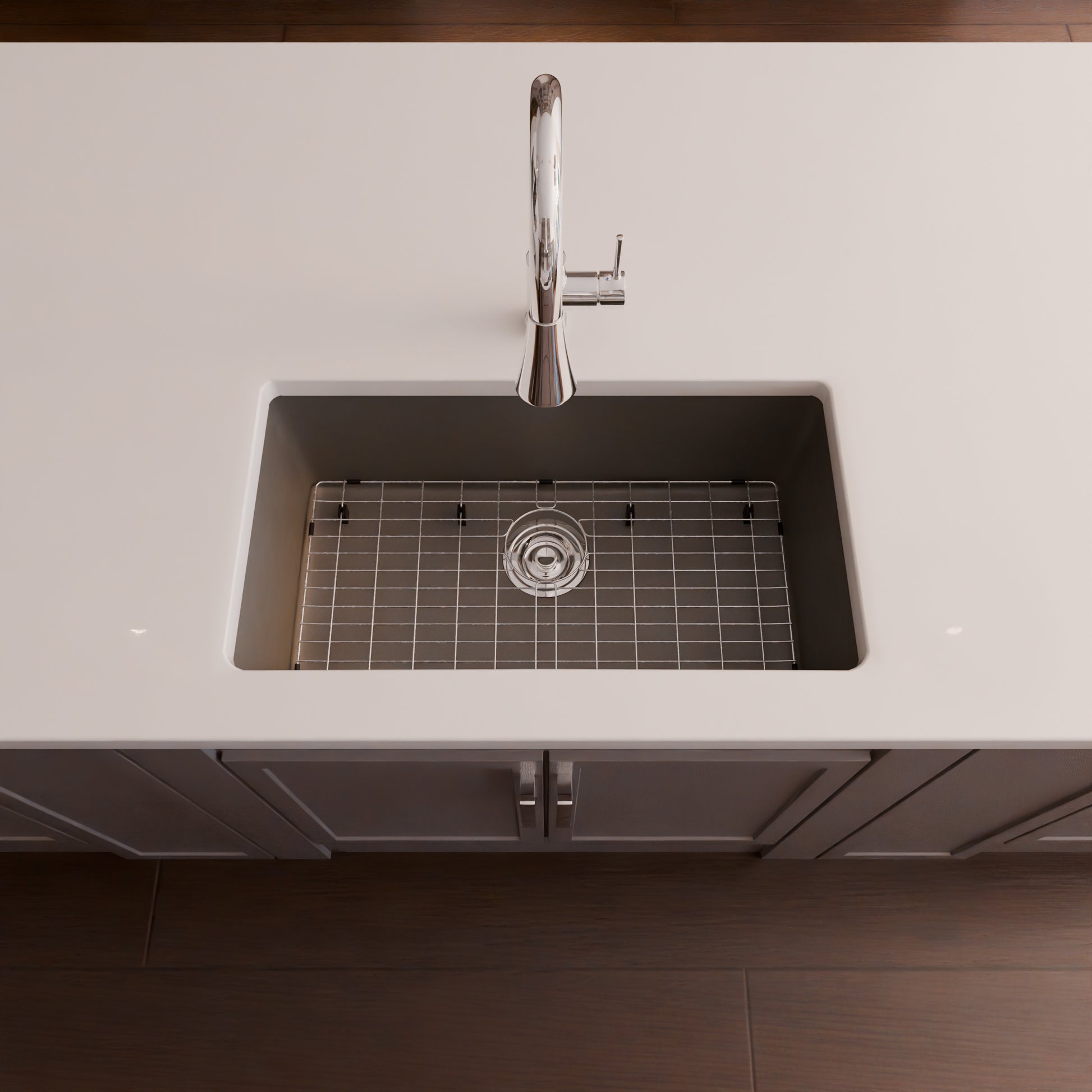 Novatto StoneCore 30-inch single bowl granite kitchen sink in ash color with included faucet and installation kit.