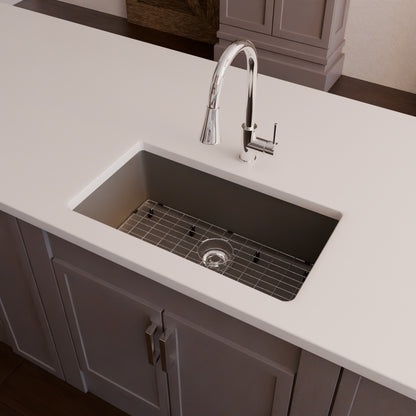 Novatto StoneCore 30-inch granite ash single bowl kitchen sink with included faucet and accessories, showcasing durable stone construction.