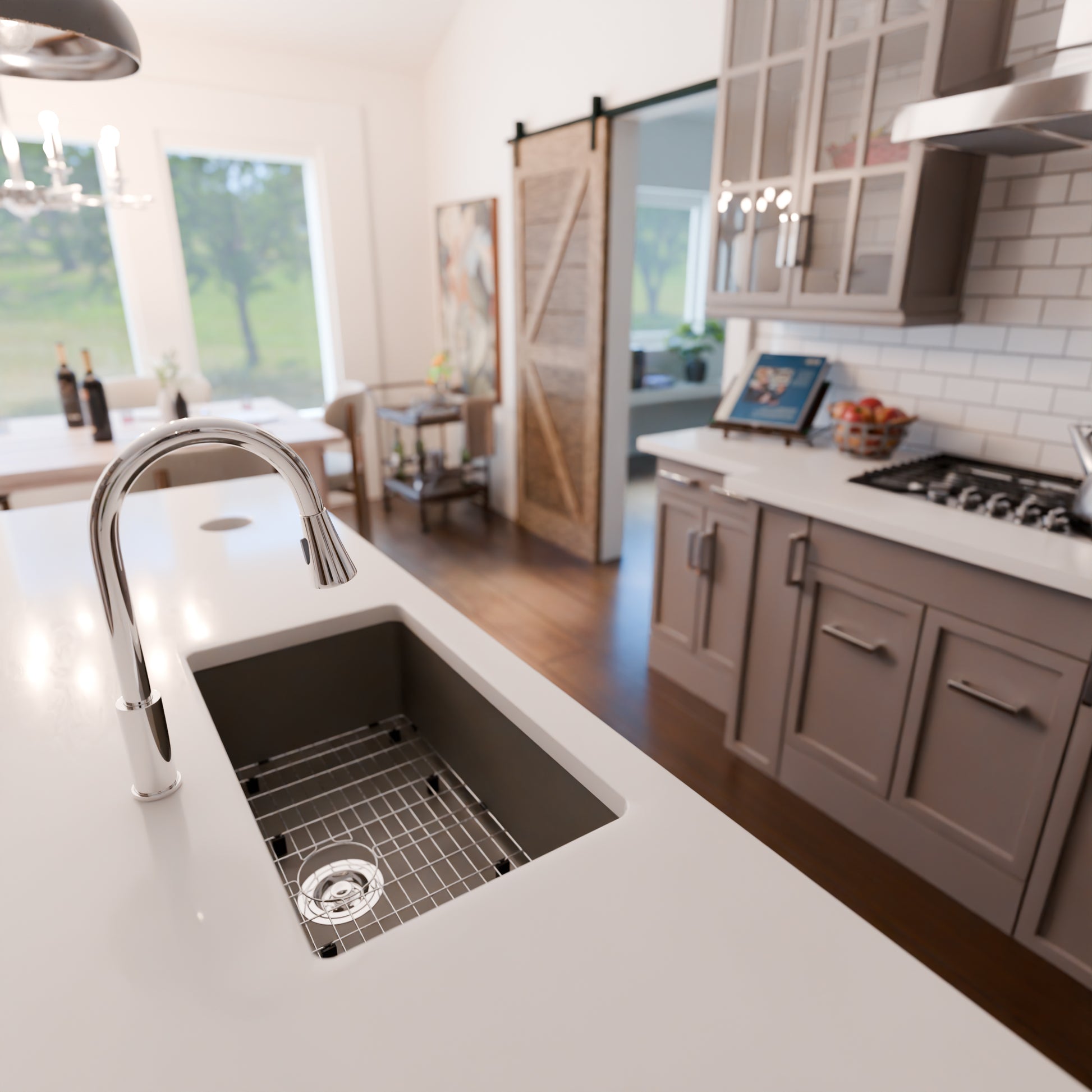 StoneCore 30-inch single bowl kitchen sink in Granite Ash by Novatto, shown with included faucet and accessories.