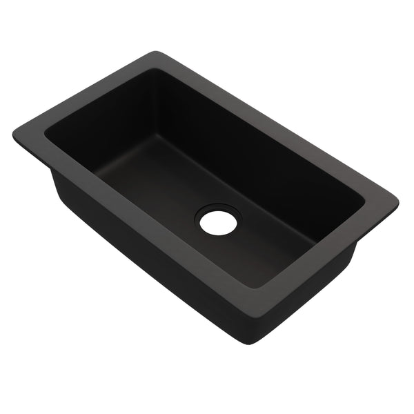 Novatto StoneCore 30-inch single bowl kitchen sink in graphite, with smooth basin and durable stone construction.