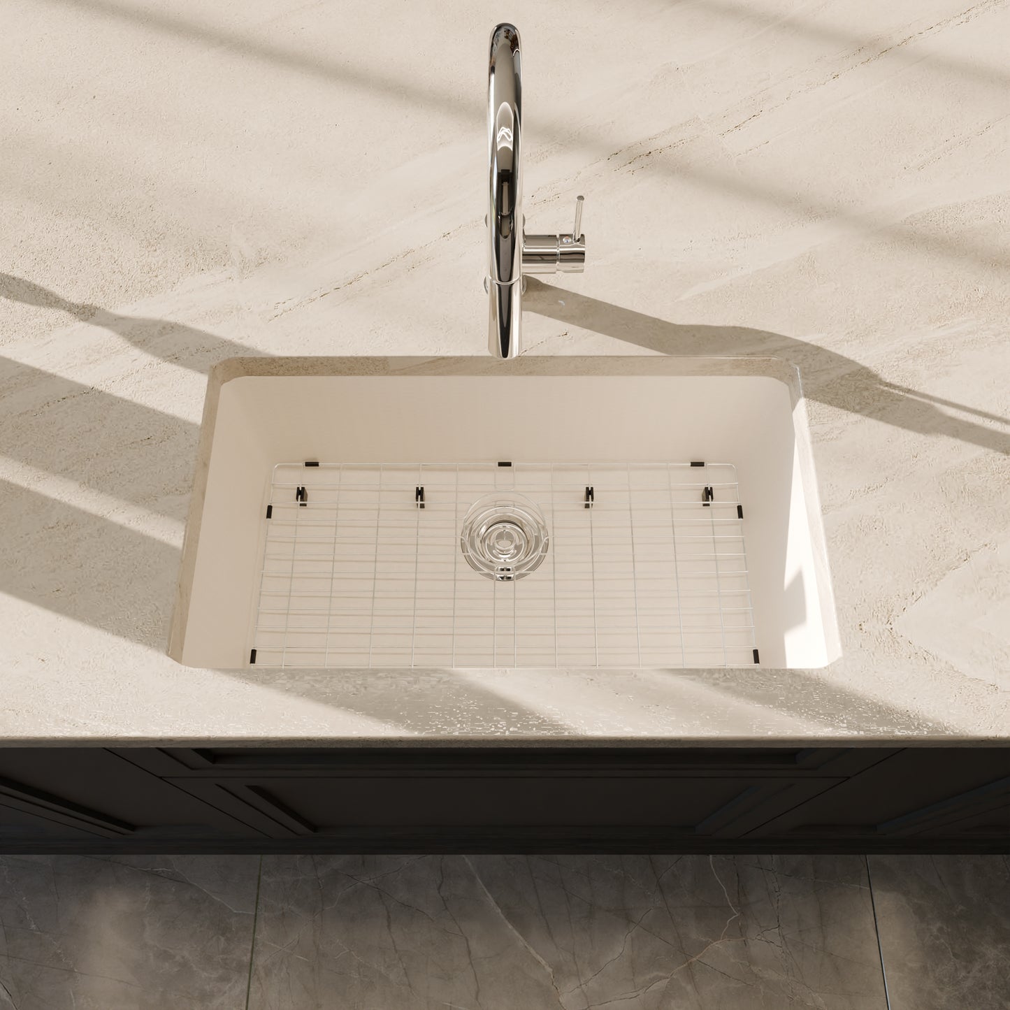 Novatto StoneCore 30-inch single bowl kitchen sink in limestone with included accessories, showcasing durable natural stone material.