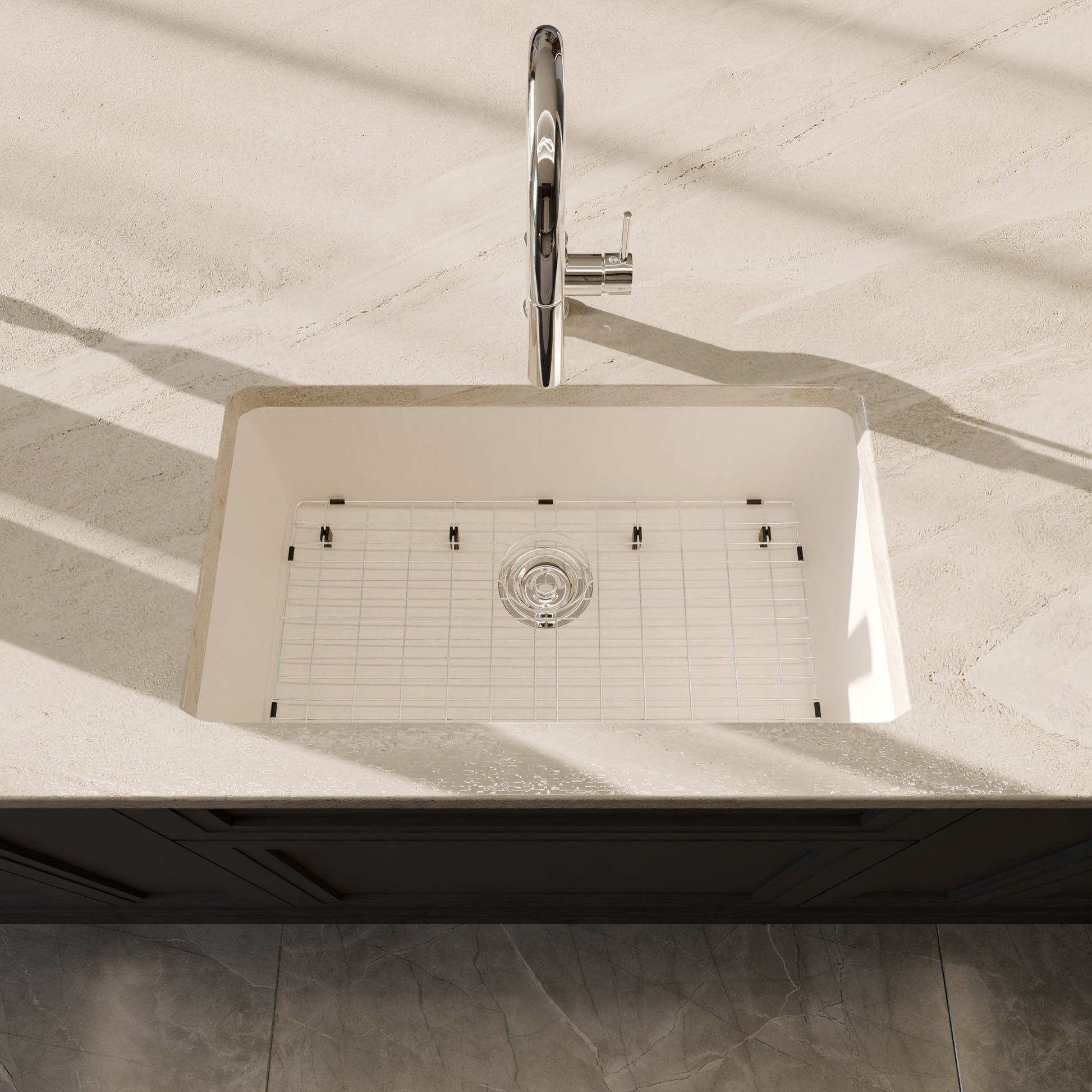 Novatto StoneCore 30-inch single bowl kitchen sink in limestone with included accessories, showcasing durable natural stone material.