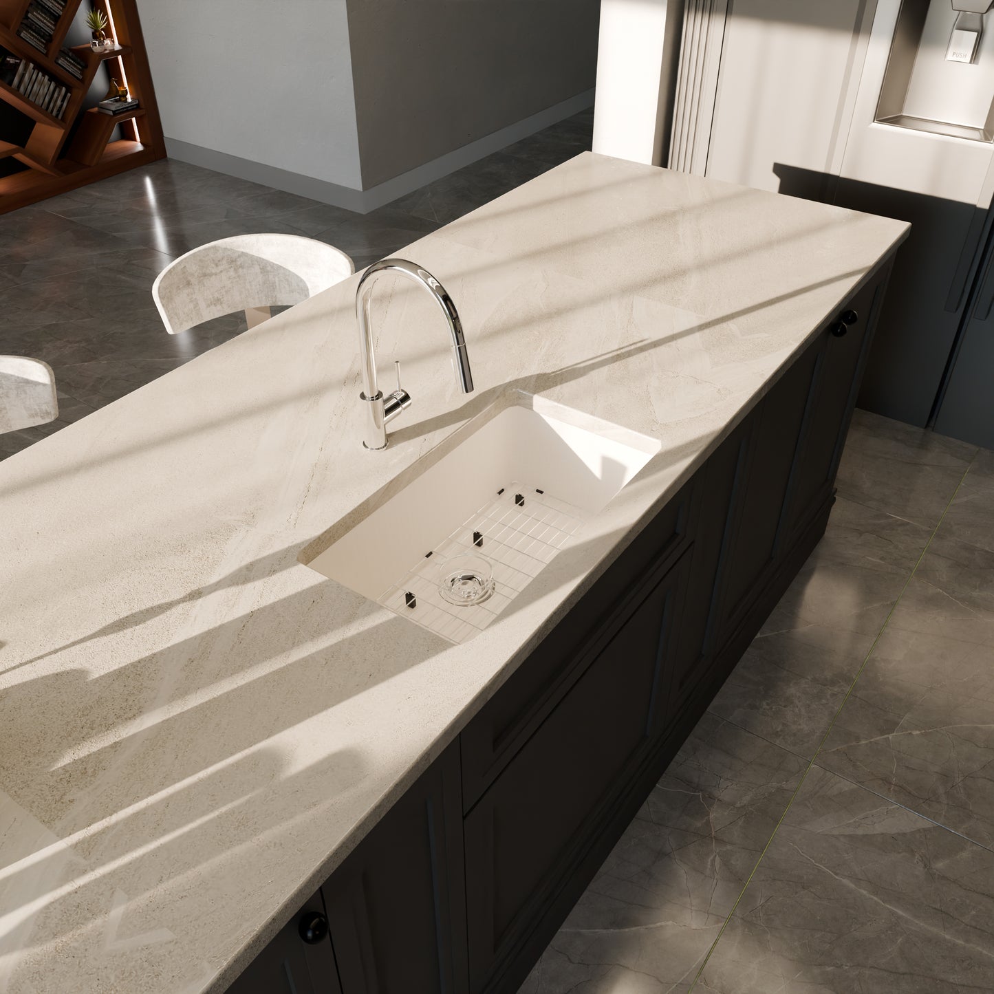 Novatto StoneCore 30-inch single bowl kitchen sink in limestone with included faucet and accessories, stylish and durable for modern kitchens.