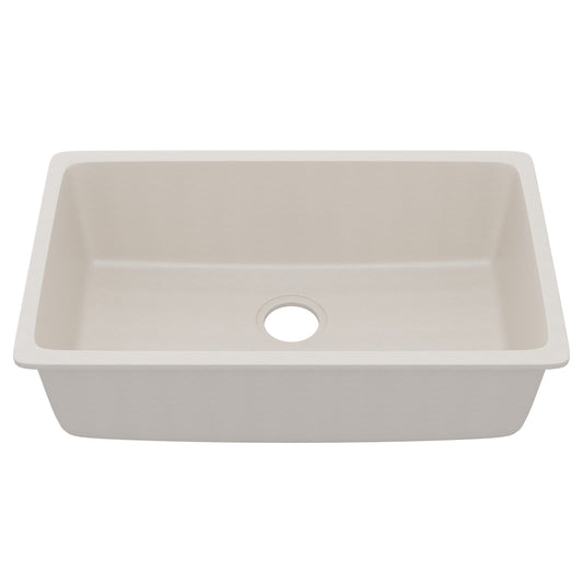Novatto StoneCore 30-inch single bowl kitchen sink in limestone with smooth, durable surface and modern design.