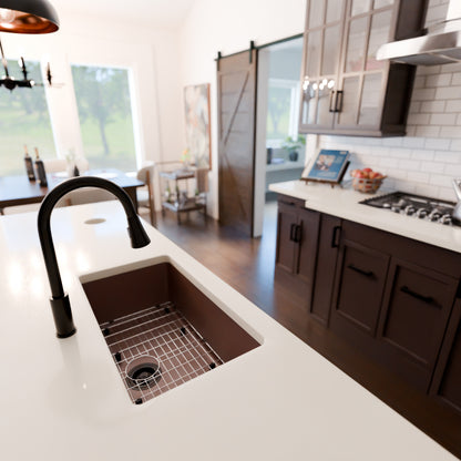 Novatto StoneCore 30-inch single bowl kitchen sink in Sienna Stone with natural stone finish and modern design.