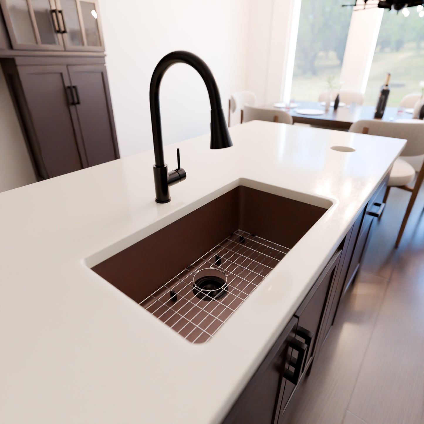 Novatto StoneCore 30-inch single bowl kitchen sink in Sienna Stone, showcasing durable, stylish design with smooth finish.