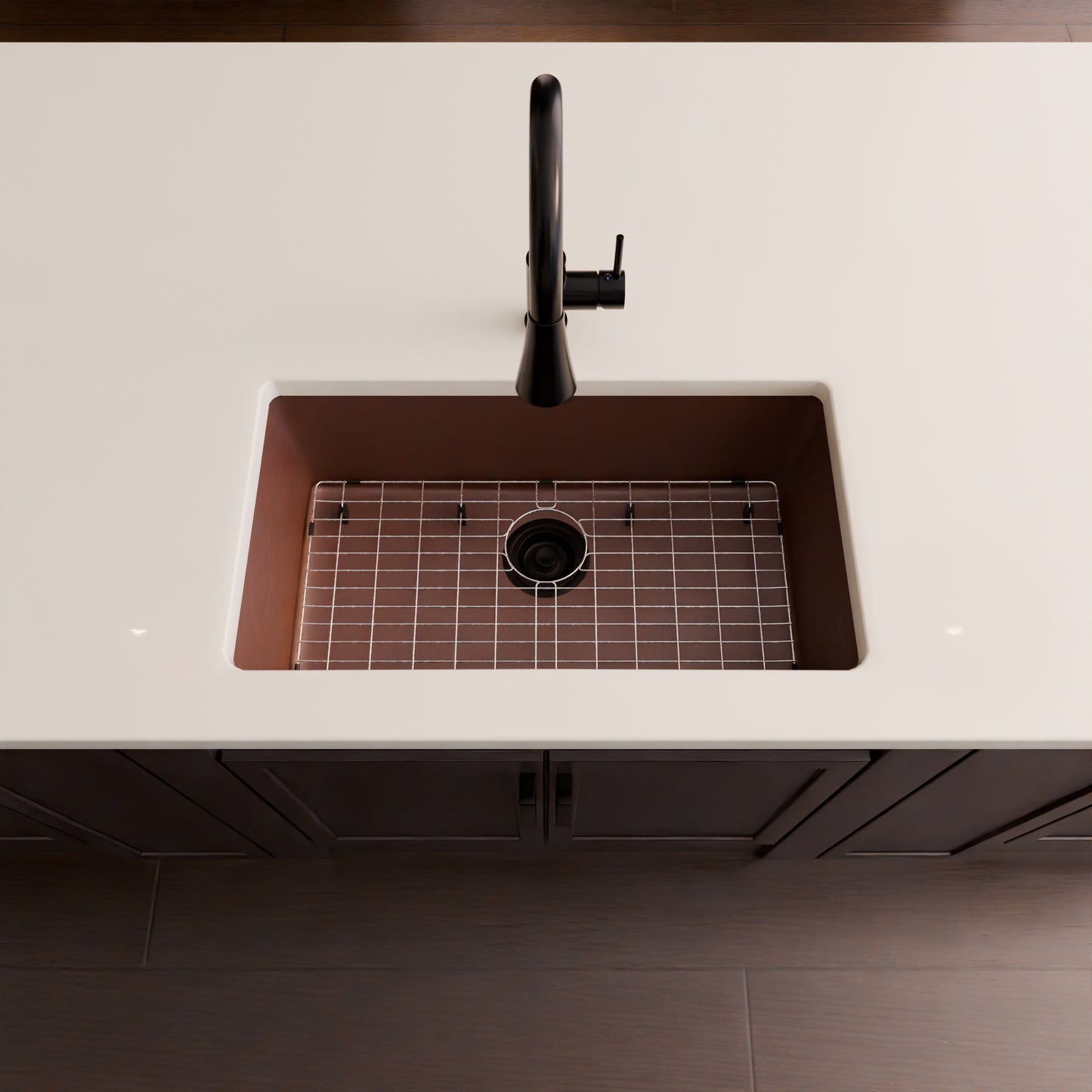 Novatto StoneCore 30-inch single bowl kitchen sink in Sienna Stone with a durable, natural stone finish and modern design.
