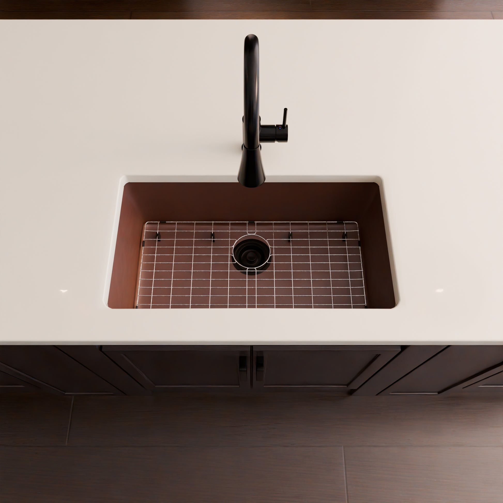 Novatto StoneCore 30-inch single bowl kitchen sink in Sienna Stone with a durable, natural stone finish and modern design.