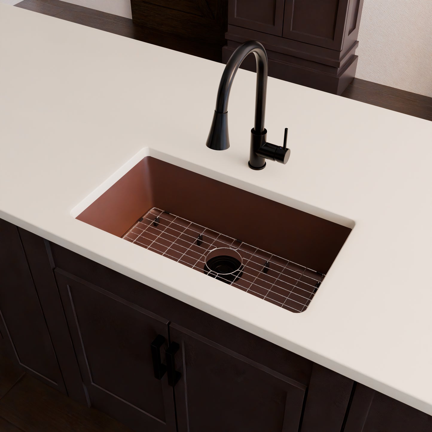 Novatto StoneCore 30-inch single bowl kitchen sink in Sienna Stone, with included faucet and accessories.
