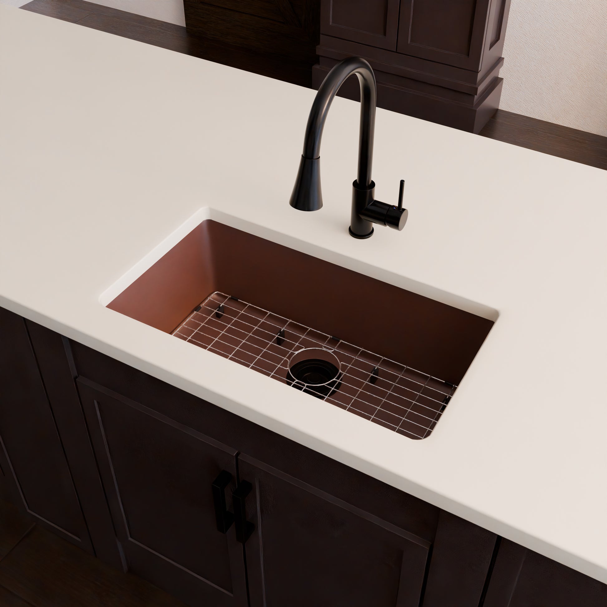 Novatto StoneCore 30-inch single bowl kitchen sink in Sienna Stone, with included faucet and accessories.