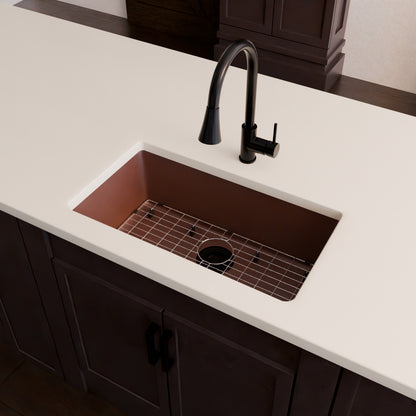 Novatto StoneCore 30-inch single bowl kitchen sink in Sienna Stone, with included faucet and accessories.