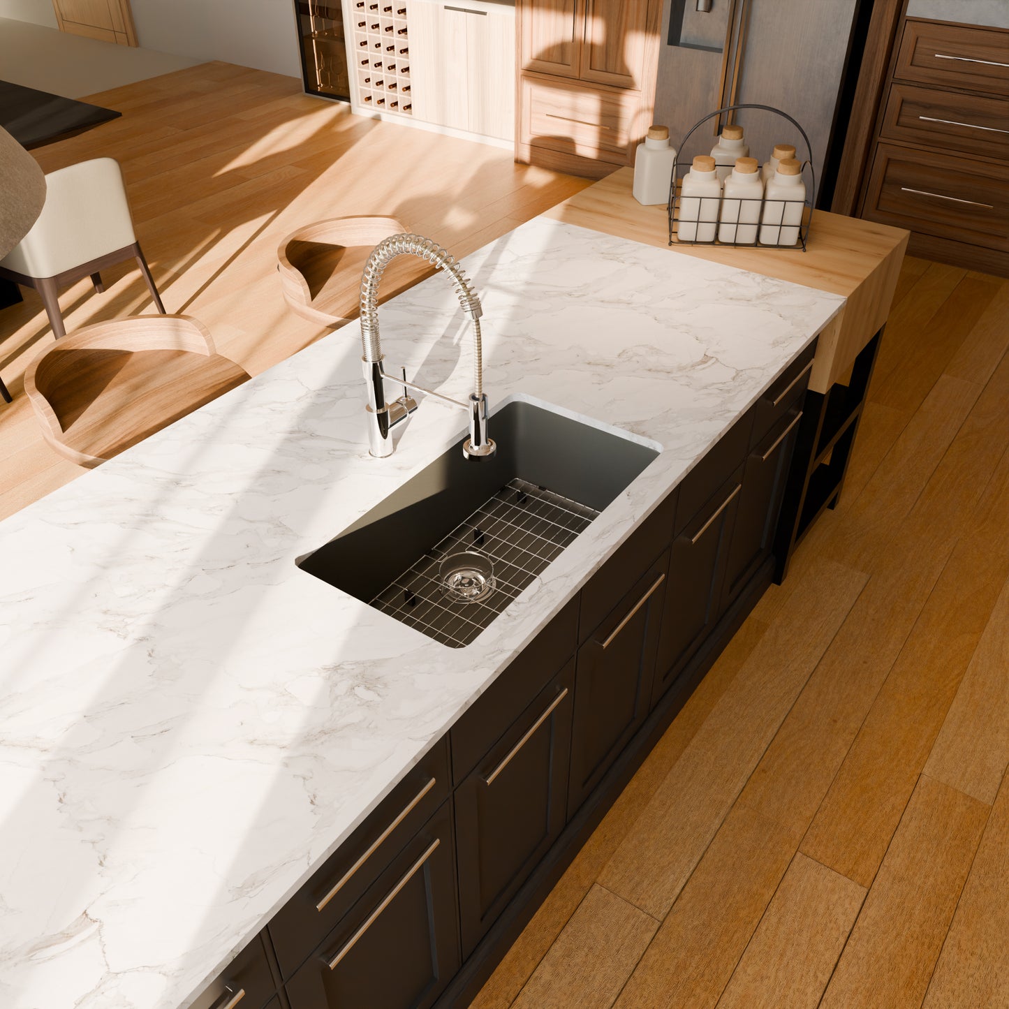 StoneCore 30-inch single bowl kitchen sink in silver granite by Novatto, shown with included faucet and beauty set accessories.