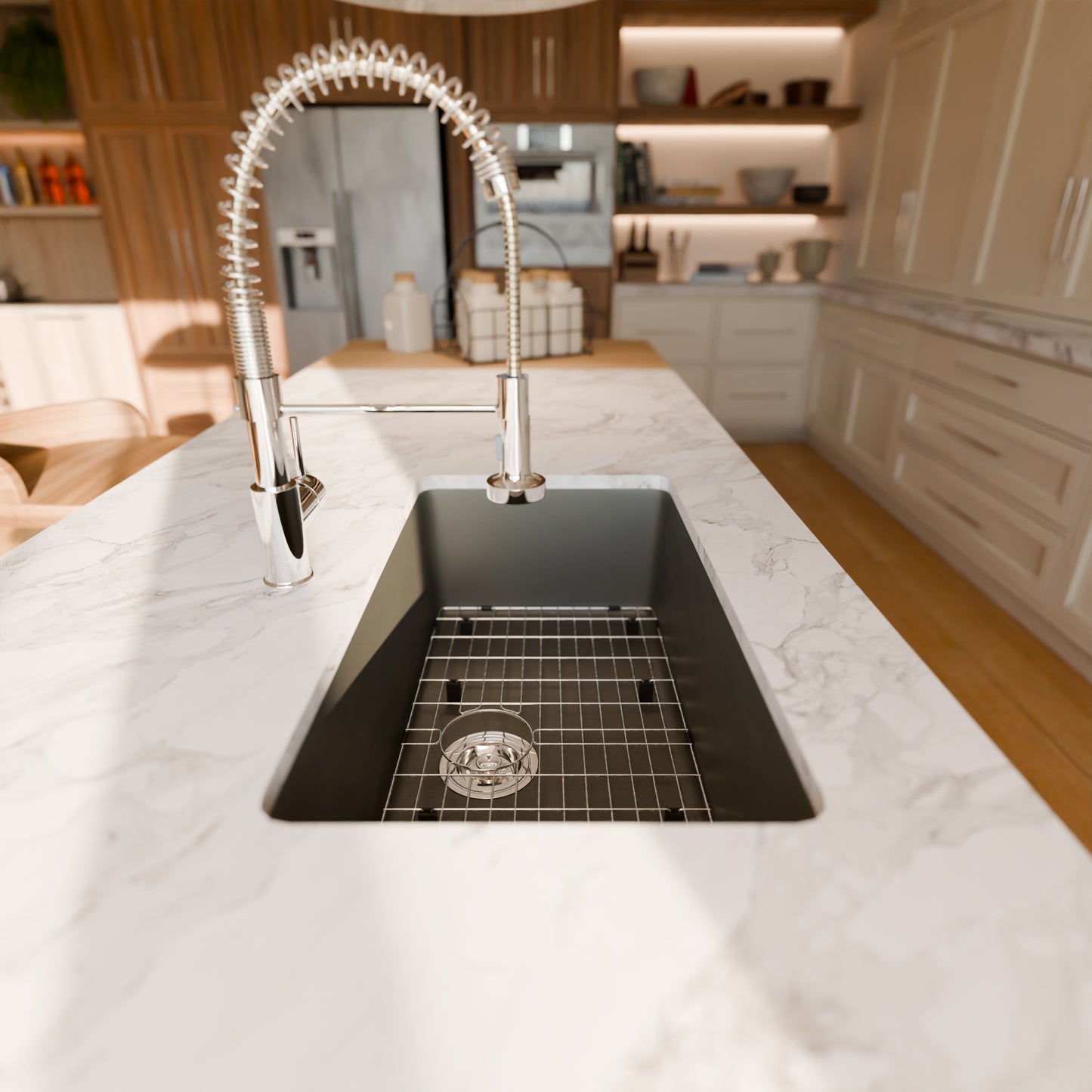 Novatto StoneCore 30-inch single bowl kitchen sink in silver granite with included accessories, showcasing durable, stylish design.