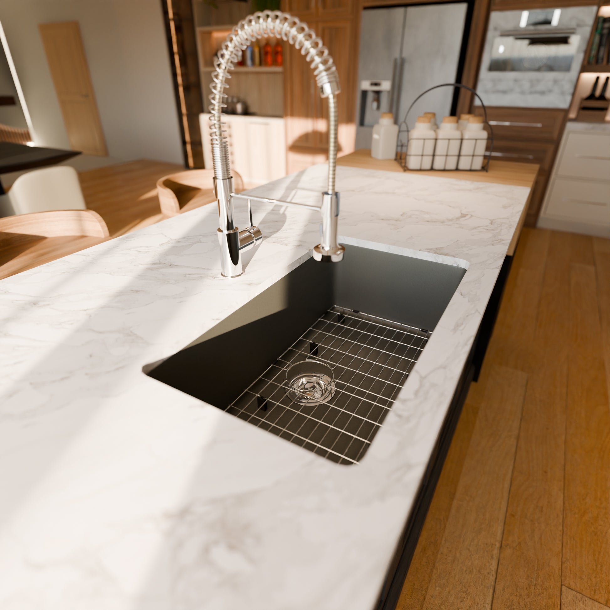 Novatto StoneCore 30-inch single bowl kitchen sink in silver granite with faucet and accessories, modern and durable kitchen fixture.