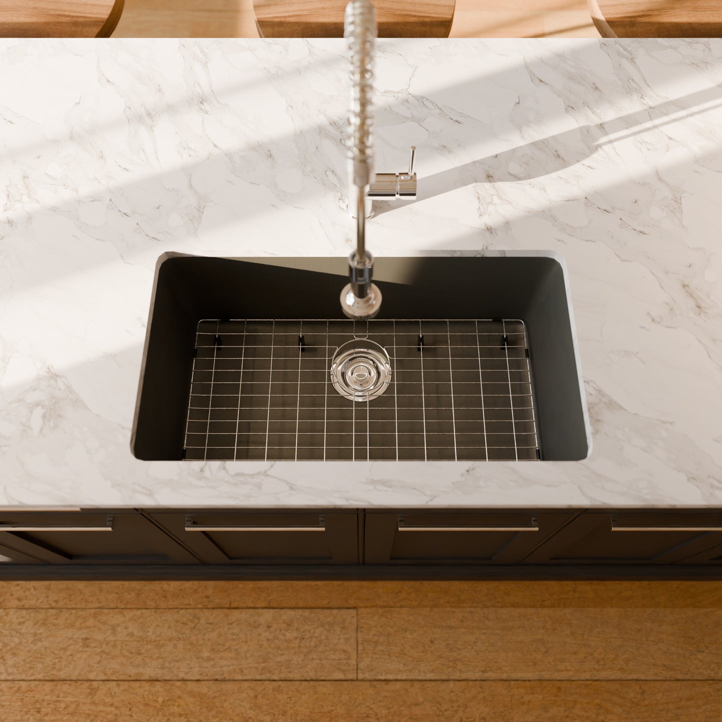 Novatto StoneCore 30-inch single bowl kitchen sink in silver granite with included faucet and accessories, modern and durable design