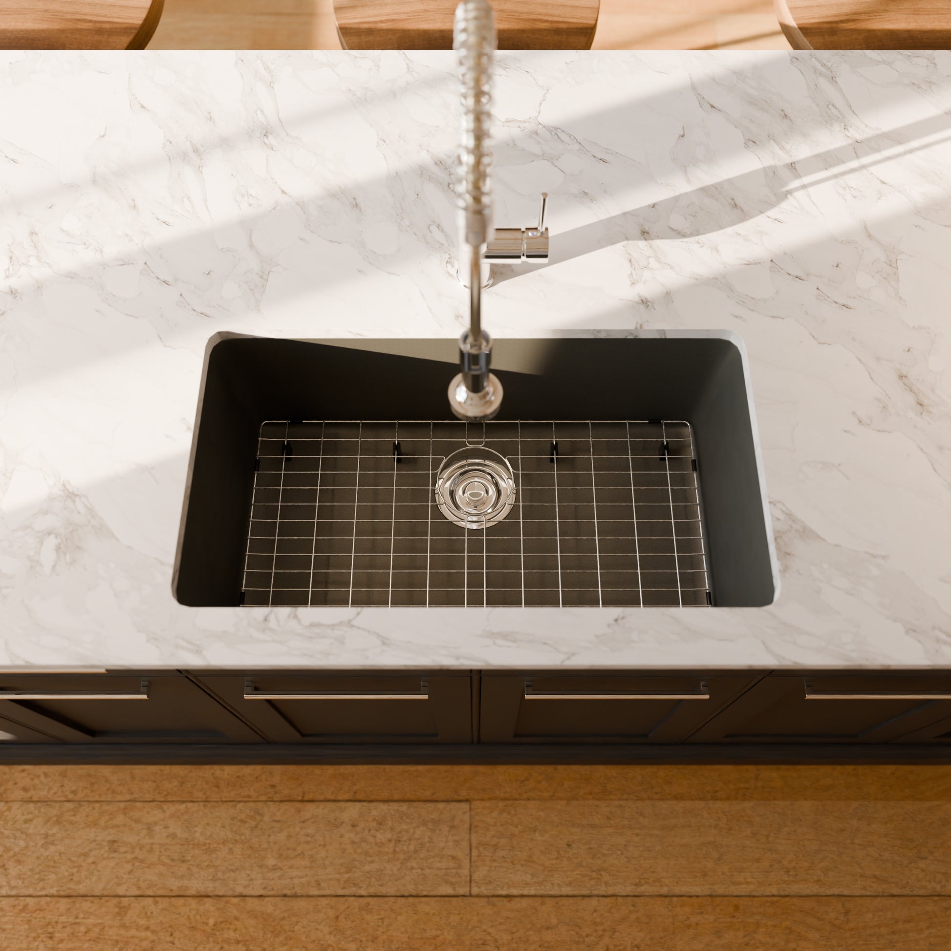 Novatto StoneCore 30-inch single bowl kitchen sink in silver granite with included faucet and accessories, modern and durable design