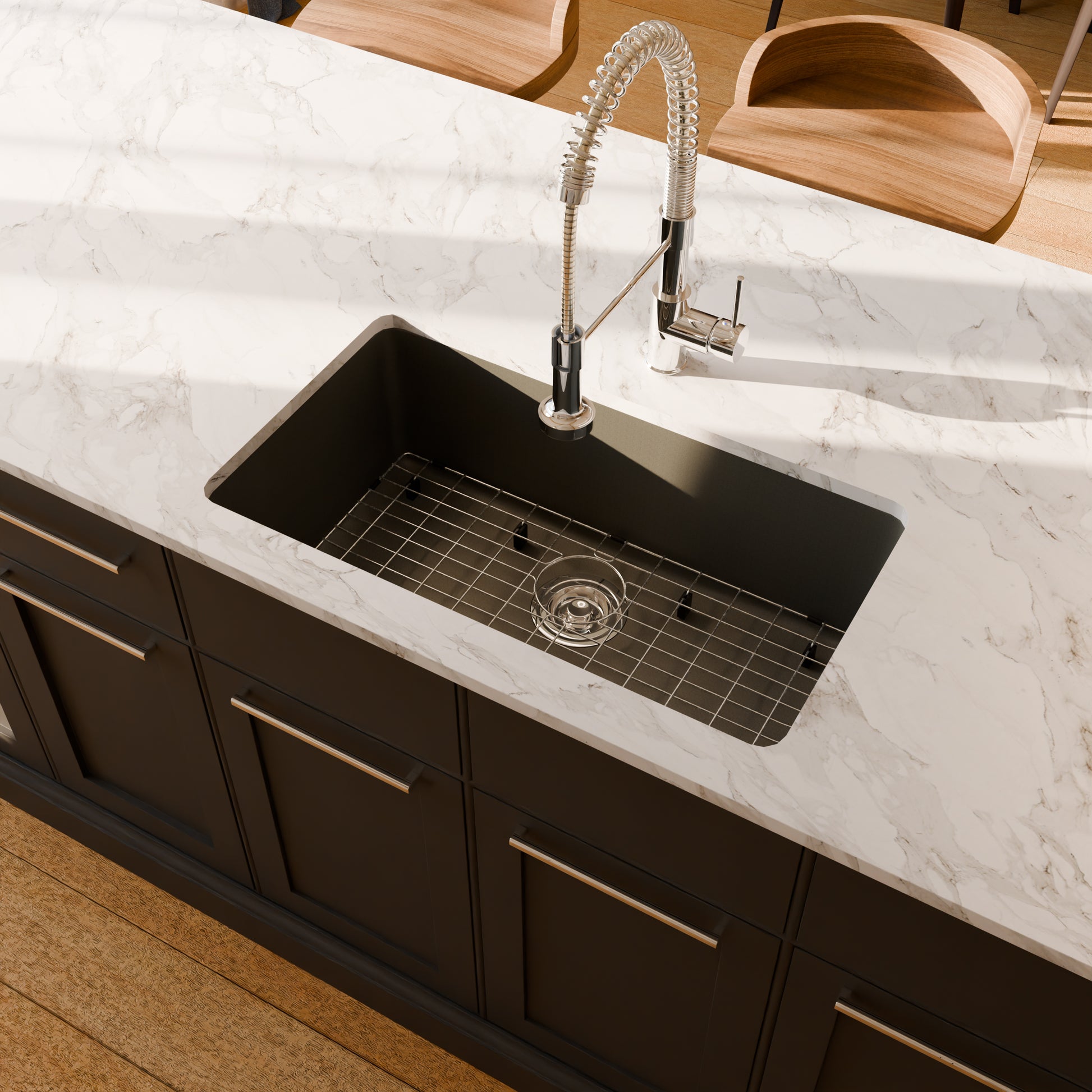 Novatto StoneCore 30-inch single bowl kitchen sink in silver granite with included faucet and accessories, durable and stylish for modern kitchens.