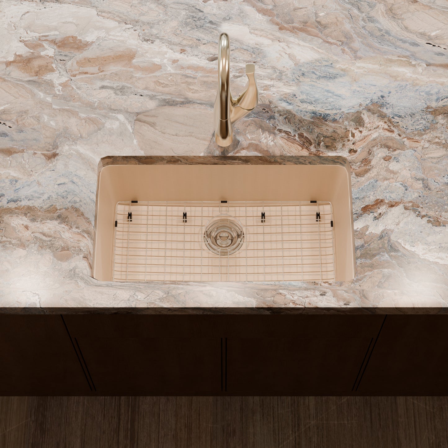 Novatto StoneCore 30-inch single bowl kitchen sink in sandstone with included faucet and accessories, modern and durable design.