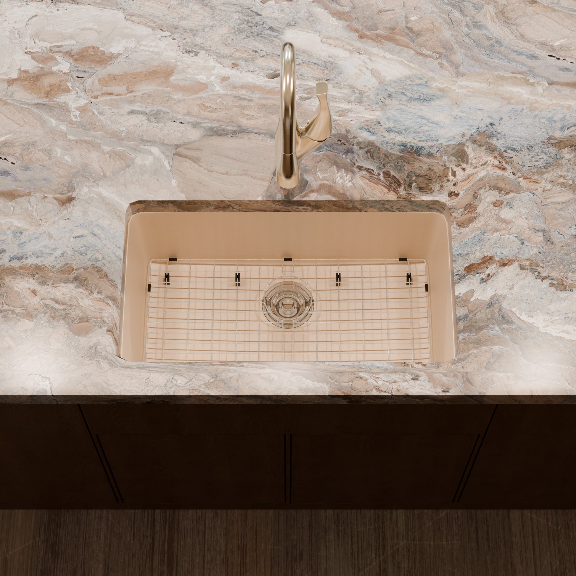 Novatto StoneCore 30-inch single bowl kitchen sink in sandstone with included faucet and accessories, modern and durable design.