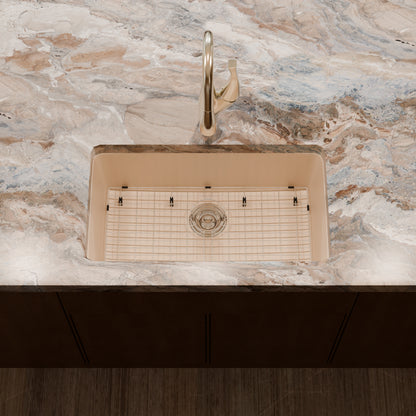Novatto StoneCore 30-inch single bowl kitchen sink in sandstone with included faucet and accessories, modern and durable design.
