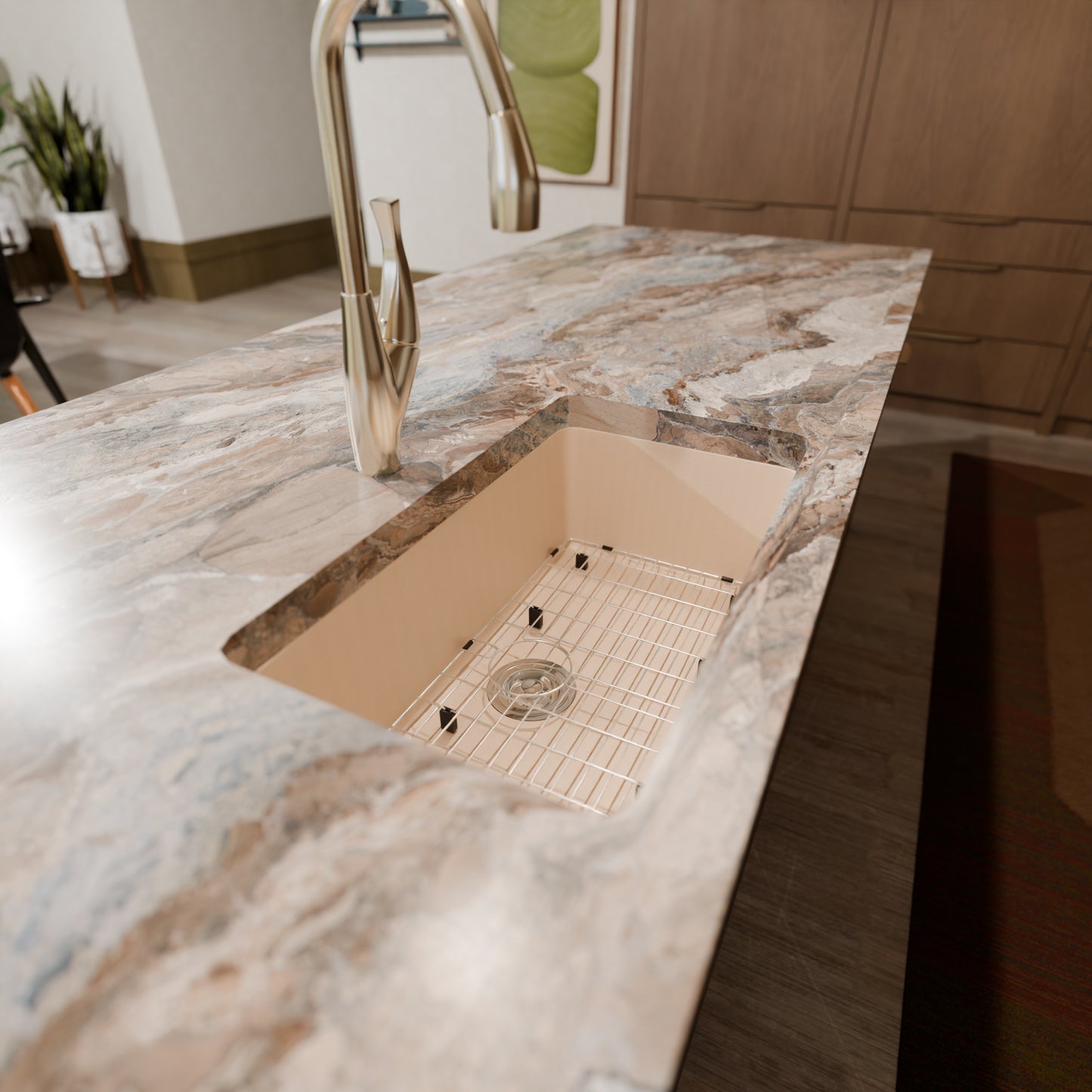 Novatto StoneCore 30-inch single bowl kitchen sink in sandstone with included faucet and accessories, durable and stylish for modern kitchens.