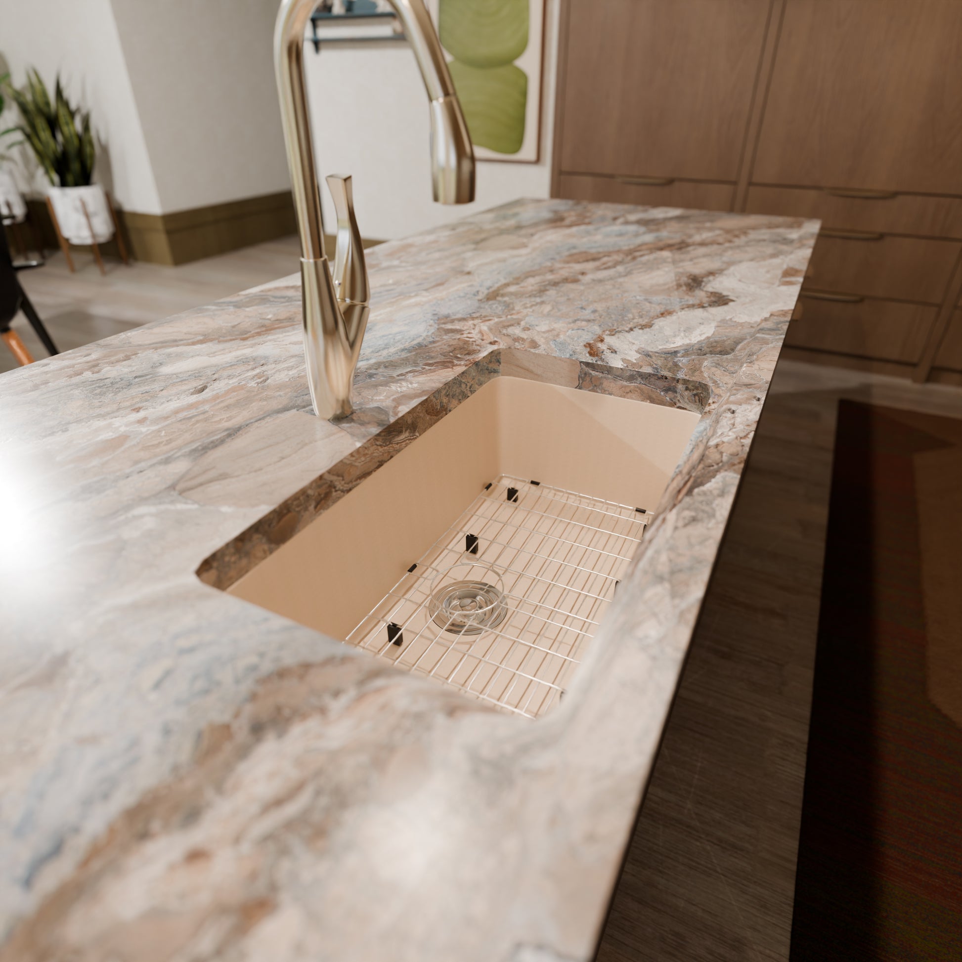 Novatto StoneCore 30-inch single bowl kitchen sink in sandstone with included faucet and accessories, durable and stylish for modern kitchens.